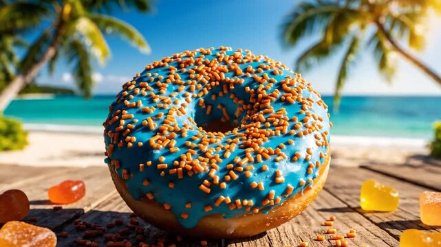 A single donut with vibrant blue icing and orange sprinkles sits on a rustic wooden table at a tropical beach, featuring palm trees, turquoise ocean water, and bright sunlight.