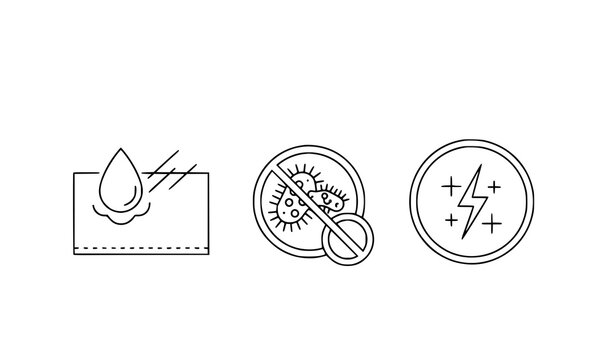 A set of three icons representing waterproof, germs, and electricity