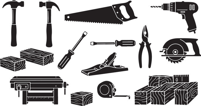 Collection of various carpentry tools and materials for construction