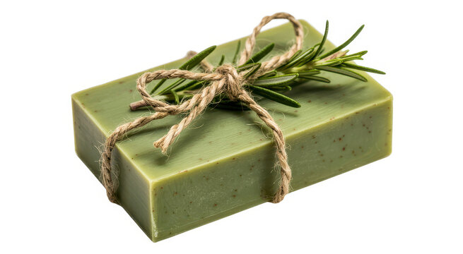 Rectangular green soap bar with rosemary sprig tied with rustic twine on white background