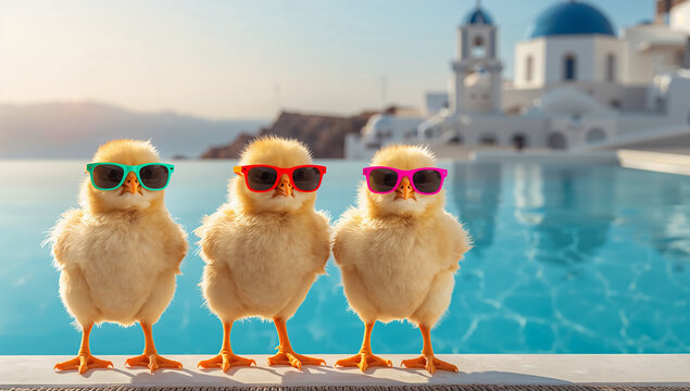 高級リゾートのプールサイドに立つサングラスのひよこ三羽が目を引くサントリーニ島の休日風景