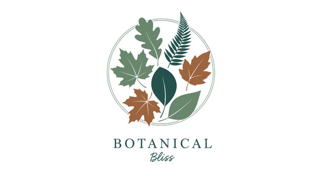 Botanical logo with various leaves.