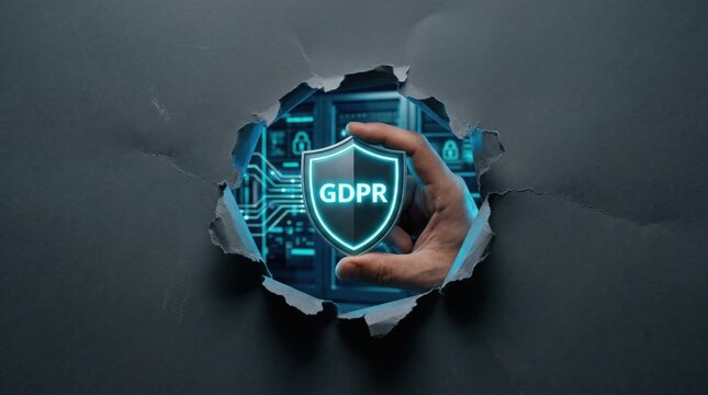 Hand holding a GDPR shield icon breaking through a torn gray paper hole to reveal a secure digital server vault for data privacy compliance advertising