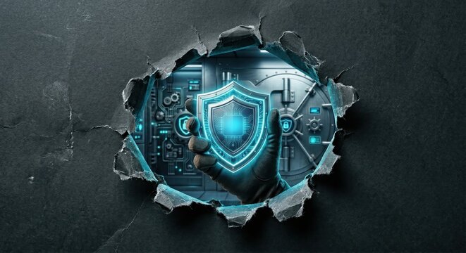 Hand holding a glowing digital shield icon breaking through torn paper reveals a secure vault for data privacy compliance and cyber security advertising