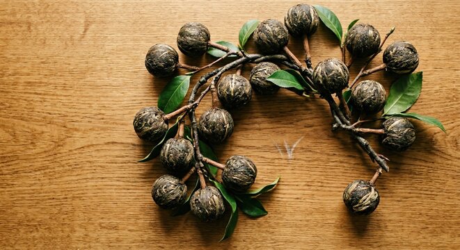 Compressed Tea Balls on Camellia Branch Stems Arranged on a Wood Surface with Copy Space for International Tea Day Marketing and Organic Plantation Advertising
