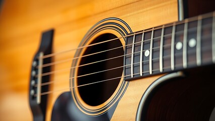 Obraz premium headstock. A detailed close-up of an acoustic guitar, focusing on its wooden texture and artistic craftsmanship. tutorial guides, club newsletters, designed for sports & leisure club marketing.