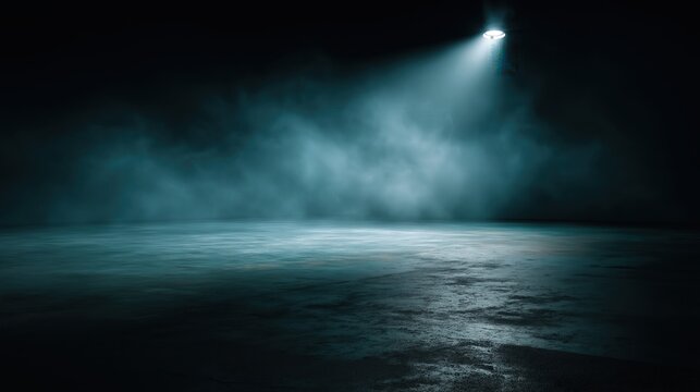 A dimly lit empty space with a single overhead spotlight shining through mist, creating an eerie and mysterious atmosphere.
