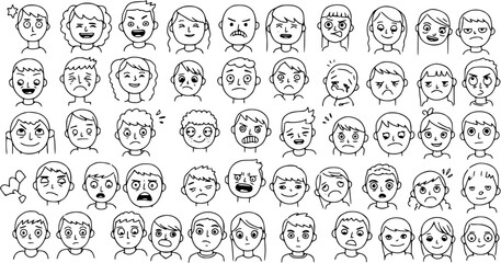 Fototapeta premium Hand-Drawn Black and White Line Art Faces Collection. Doodle Avatars Expressing Diverse Human Emotions: Happy, Sad, Angry, Surprised, Confused, and More.