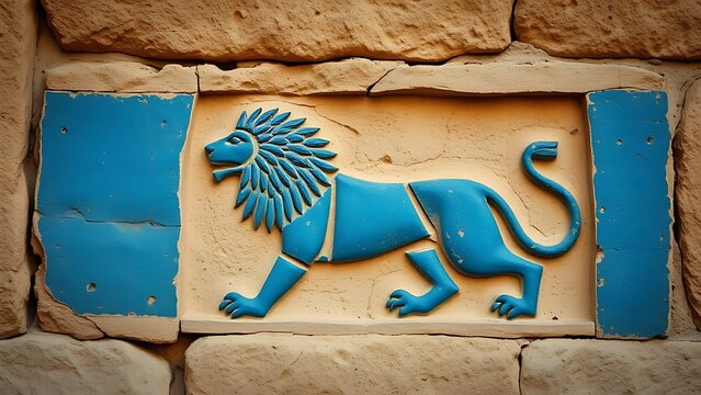 babylonian. Ancient Babylonian wall fragment with a blue glazed brick lion relief. event programs, museum guides, designed for cultural heritage projects and event programs, preserves heritage.