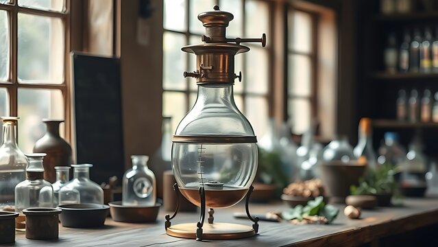 alembic. Vintage copper alembic still on a wooden workbench in an alchemist's workshop with a blurred background. STEM education sheets.