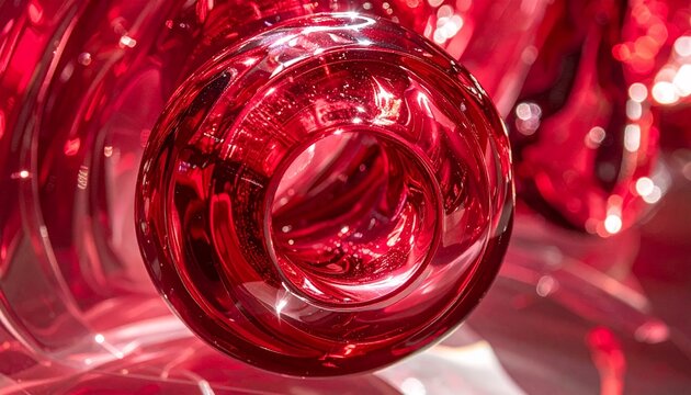 Vibrant Red Glass Orb with Reflective Surface and Abstract Forms.