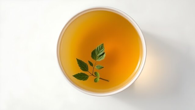 probity. A single bowl of golden consomme with a delicate herb leaf, minimalist and pure. menu design, packaging mockups, designed for food delivery and cloud-kitchen brand materials.