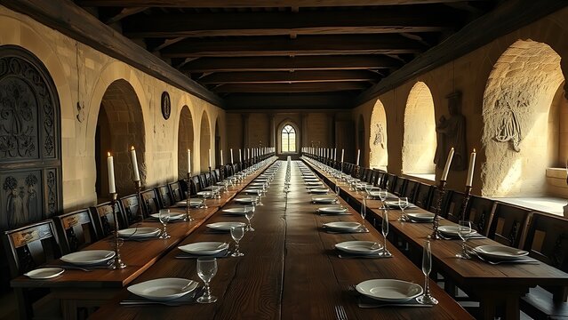 refectory. A long wooden refectory table set with simple tableware in an ancient monastery. event programs, museum guides, designed for cultural heritage projects and event programs.