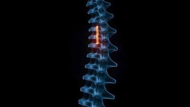culpability. X-ray silhouette of a human spine with a subtle golden coil ascending within the vertebrae. STEM education sheets, lab safety posters, designed for biotech research communications.