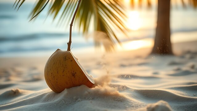 sedition. A ripe coconut falling onto soft sand, motion blur, sand spraying, beach at golden hour. travel magazines, destination branding, designed for outdoor magazines and nature guides.
