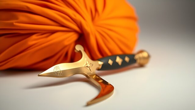 kirpan. Golden dagger beside an orange turban, symbolic still life. event programs, museum guides, cultural reports, designed for cultural heritage projects and event programs, used by chefs.