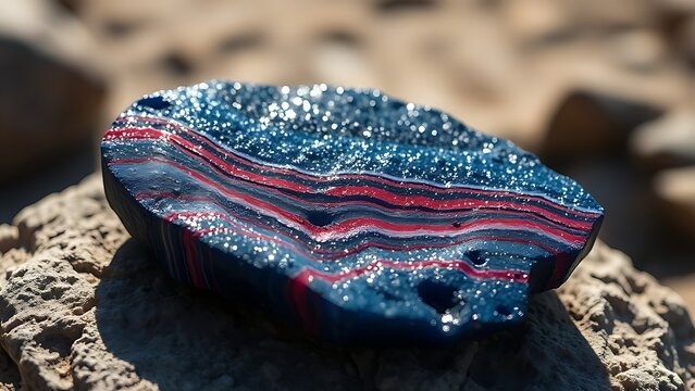 corundum. Raw corundum specimen with blue and red striations on rough stone. STEM education sheets, lab safety posters, designed for biotech research communications.
