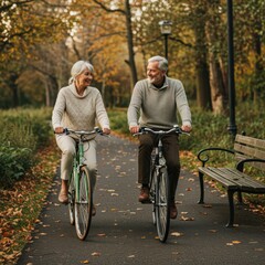Obraz premium Happy Active Senior Couple Riding Bicycles in an Autumn Park Looking at Each Other During Golden Hour for Healthy Aging and Wellness Lifestyle Campaign