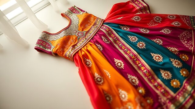 choli. A Gujarati ghagra choli dress with vibrant colors and intricate mirror work embroidery. event programs, museum guides, designed for cultural heritage projects and event programs.
