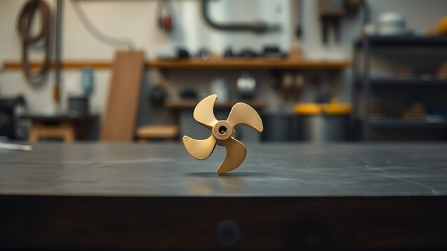 impeller. A single bronze impeller component isolated on a dark workshop table. safety posters, maintenance manuals, designed for precision metalworking and fabrication facilities, used by engineers.