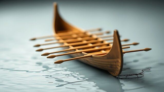 trireme. Miniature ancient trireme galley with parallel oars on a calm sea. mobility guides, transit brochures, designed for mobility and urban transit guides, improves user orientation.