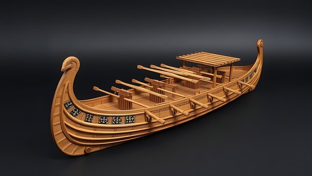 trireme. Detailed wooden model of an ancient trireme warship with rows of oars. mobility guides, transit brochures, designed for transport & logistics marketing, clarifies navigation.