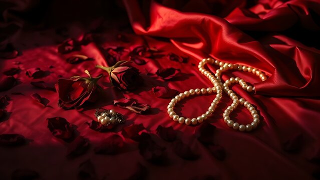 unawareness. A disheveled red silk sheet with scattered wilted rose petals and a broken pearl necklace. wellbeing guides, coaching materials, designed for coaching and self-improvement content.