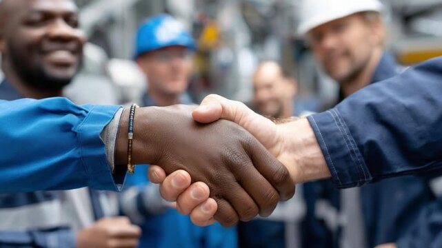 🤝🤝Unity in Agreement: Two hands clasped in a firm handshake against a backdrop of construction workers, signifying the strength of partnership and common purpose.
