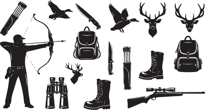 Hunting and outdoor gear silhouette icons for adventure seekers