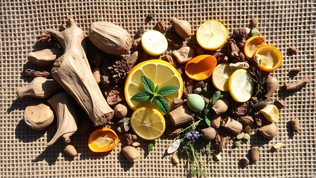 correlating. Assorted botanicals scattered on rough burlap fabric in sunlight. gardening catalogs, home-decor guides, designed for home decor and floral branding, promotes healthy living.