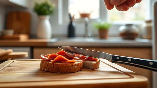 liverwurst. A knife spreading liverwurst onto a slice of bread on a wooden board in a warm kitchen. menu design, packaging mockups, designed for food delivery and cloud-kitchen brand materials.
