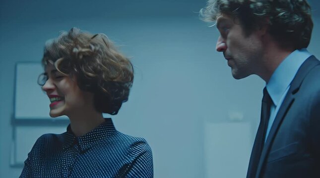 Two professionals engaging in a positive and collaborative discussion within a modern office setting, highlighting teamwork