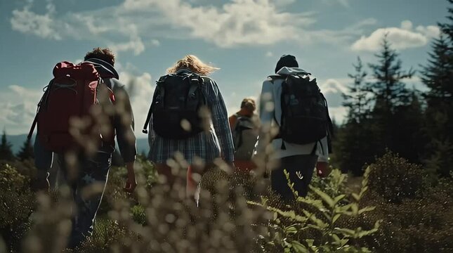 A group of adventurous friends embarking on an exciting outdoor journey through a scenic natural landscape