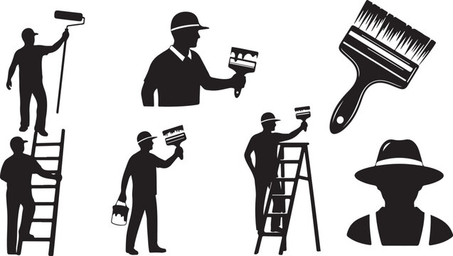 Silhouette of people painting with various tools and equipment