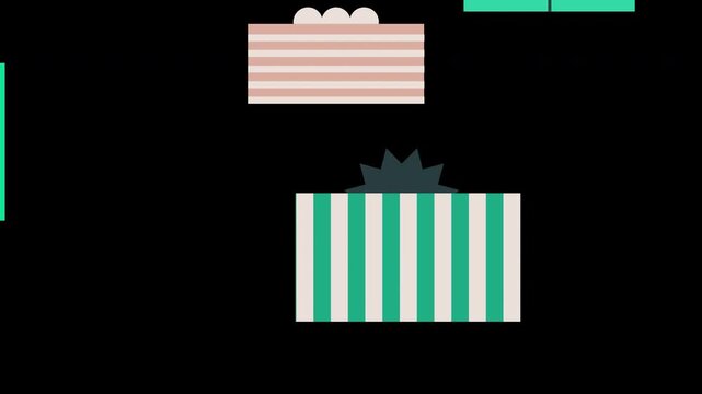 A minimal vector illustration of various green gift boxes with different patterns moving in multiple directions.