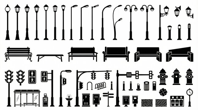 Cityscape Collection: A comprehensive collection of street elements, providing a diverse range of urban design options. featuring silhouette designs of various street lamps, benches, traffic lights.