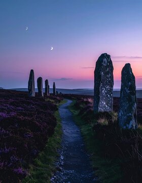 Ancient Callanish Standing Stones under a Twilight Sky with Moon and Stars.