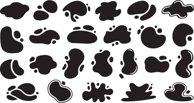 Collection of black ink splatters on white background various shapes