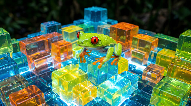Vibrant red-eyed tree frog perched on a stack of glowing translucent colorful glass cubes within a dark tropical rainforest jungle setting.