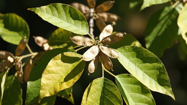 close-up of walnut tree leaves and flower
