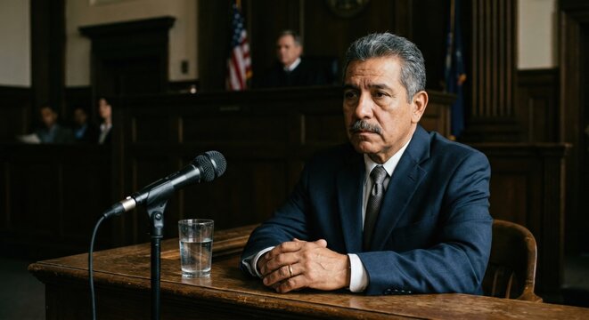Mature man testifying in courtroom portrait of a witness giving legal testimony at a trial in front of a judge for justice and law concepts with copy space