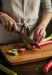 Obraz premium Woman cutting rhubarb on a wooden board while wearing a linen apron in a bright morning kitchen, fresh spring ingredients for a healthy home cooking recipe