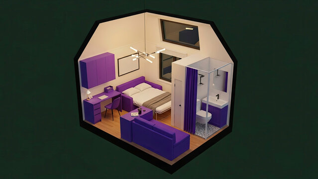 Modern Purple Studio Apartment Interior with Minimalist Design