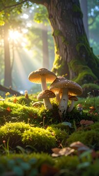 A serene forest scene with sunlit mushrooms on mossy ground