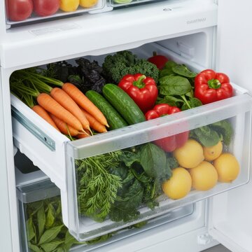 Refrigerator crisper drawer open with organized fresh vegetables including carrots, cucumbers, and peppers for healthy grocery storage and meal prep planning