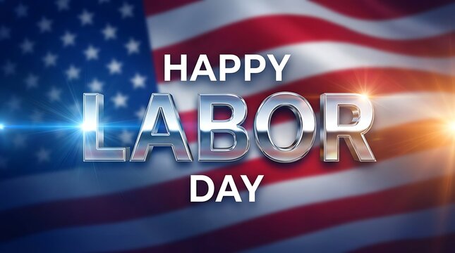 Happy labor day greeting with American flag background and glowing effects, celebrating workers holiday and patriotic spirit with shining text.
