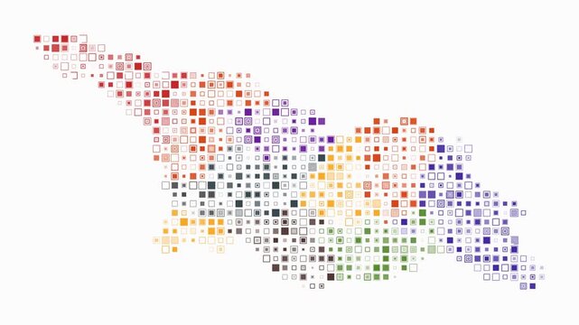 Georgia map animation. Shape of the country with pulsating colored dots. Small size square blocks. Digital style Georgia map on white background. Amazing video.