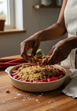Black Woman Hands Pressing Crumble Topping Over Rhubarb in Ceramic Dish for Seasonal Baking Editorial on a Wooden Countertop with Warm Natural Light
