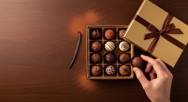 Hand holding chocolate gift box with assorted sweets.