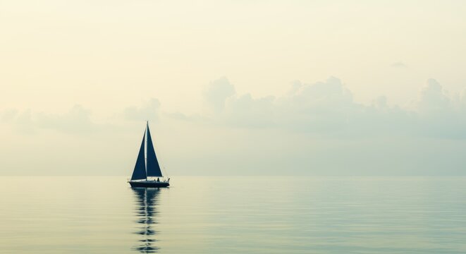 Slate Navy Blue Sailboat Drifting on Calm Ocean Surface at Sunrise for Travel Editorial and Wellness Meditation App Background with Expansive Copy Space